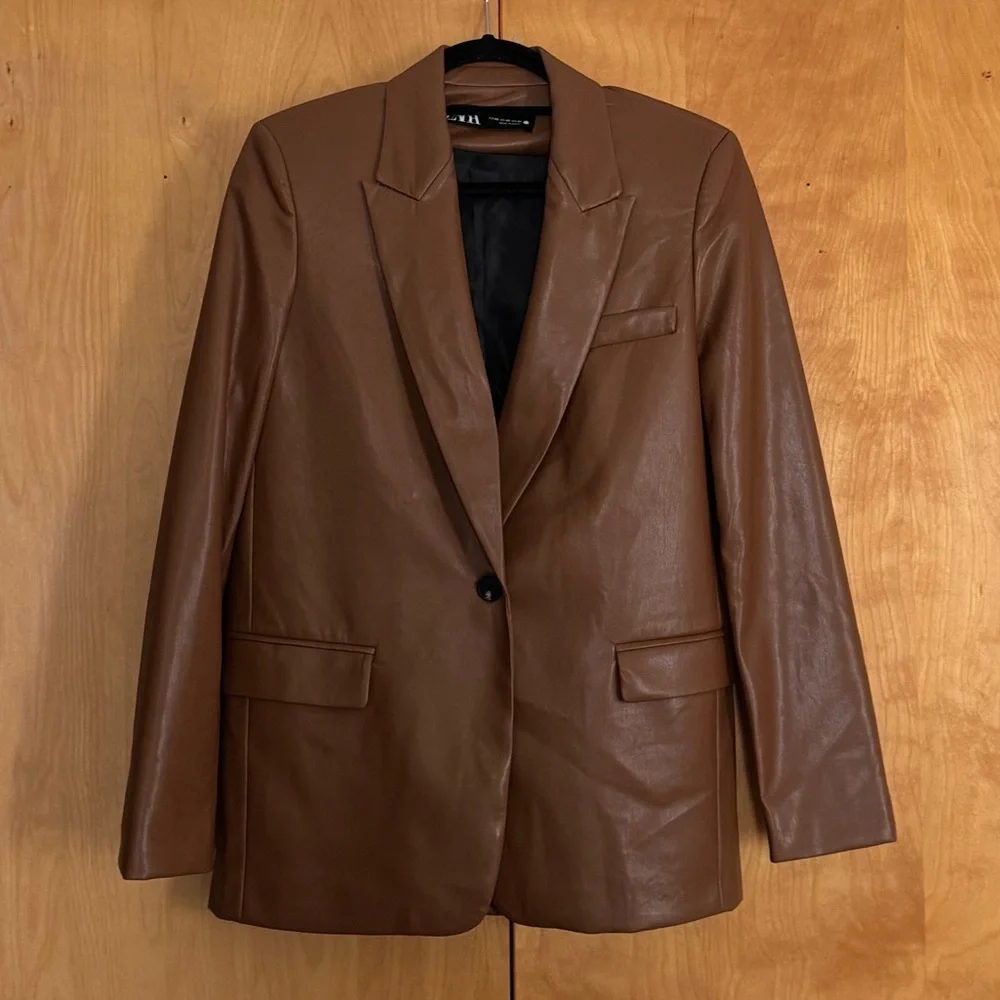 Zara Brown Faux Leather Blazer - Picture 8 of 13